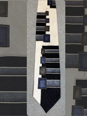 Geometric Block Silk Necktie - Ivory Black Navy Mod Abstract